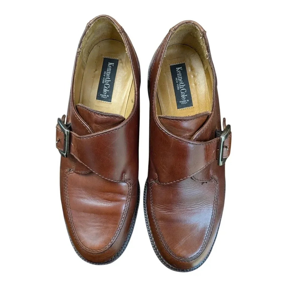 Kenneth Cole Men's 10 Monk Strap Shoes Leather Loafers Dress Brown Vtg Chunky